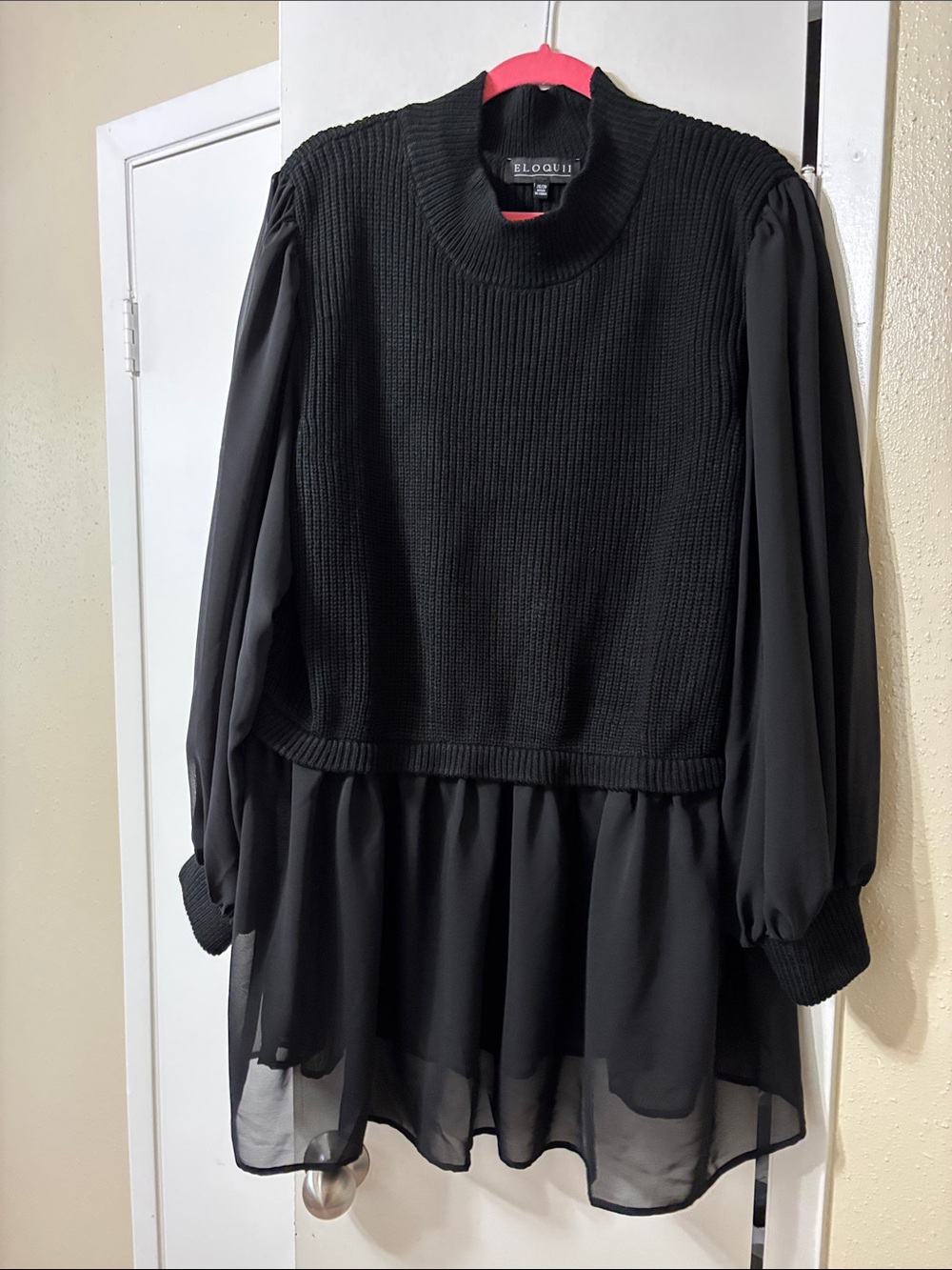 Eloquii Black Knit & Sheer Tiered Pullover